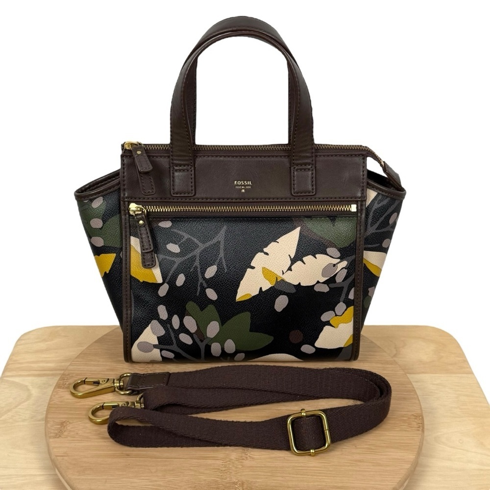 Fossil Camilla Small Satchel in Brown Leather & Botanical Print Canvas